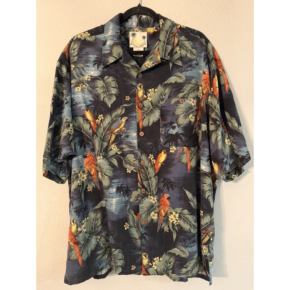 Vintage Banana‎ Cabana 100% Silk Men's XL Floral Parrot Hawaiian Button Up Shirt
